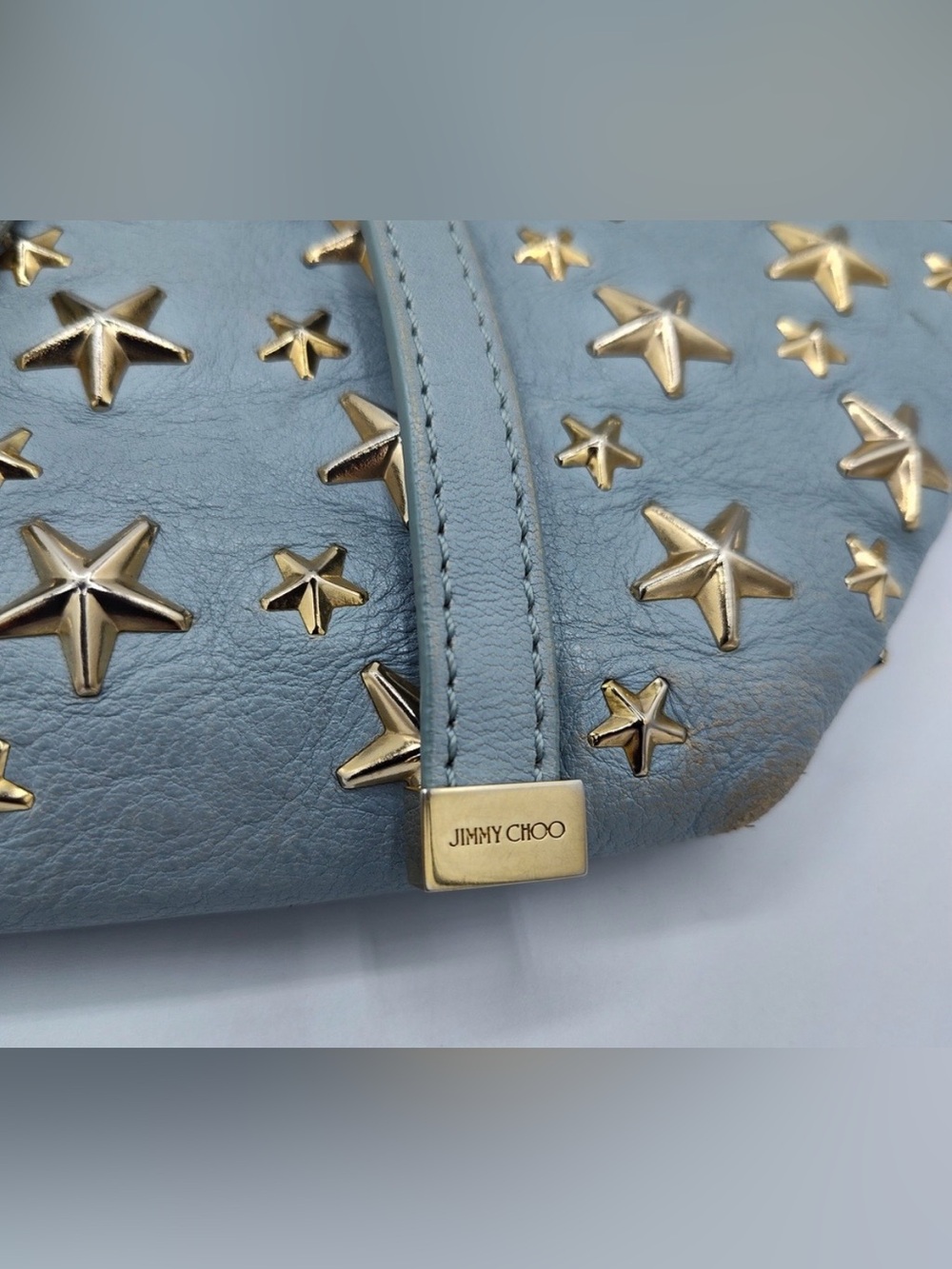 Jimmy Choo Sasha Blue Leather Gold Star Studded Tote - Authentic - Picture 4 of 14